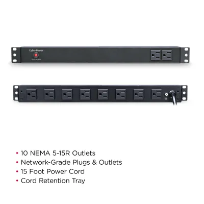 Cyber Power - PDU15B2F8R - 15A (Derated to 12A), 120 V, 50Hz/60Hz, NEMA 5-15P plug, 10 NEMA 5-15R, 1U Rackmount, 15 ft Cord