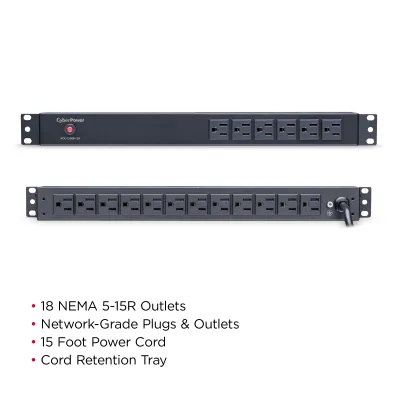 Cyber Power - PDU15B6F12R - 15A (Derated to 12A), 120 V, 50Hz/60Hz, NEMA 5-15P plug, 18 NEMA 5-15R, 1U Rackmount, 15 ft Cord