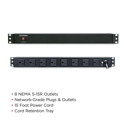 Cyber Power - PDU15B8R - 15A (Derated to 12A), 120 V, 50Hz/60Hz, NEMA 5-15P plug, 8 NEMA 5-15R, 1U Rackmount, 15 ft Cord