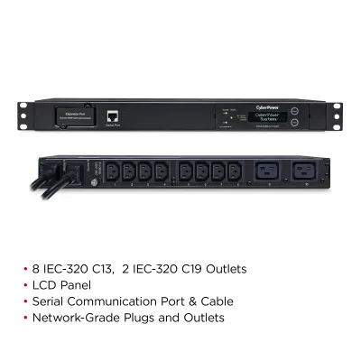Cyber Power - PDU20MHVT10AT - 20A (Derated to 16A), 100 - 120 V, 2 x NEMA L6-20P plug, 10 rear, 10 IEC-320 (8) C13 / (2) C19 Outlets, 1U Rackmount, 10 ft cord