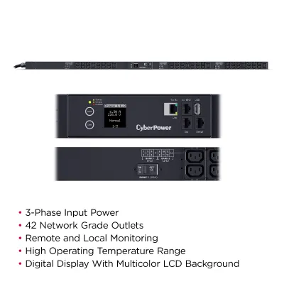 Cyber Power - PDU33108 - 3-Phase Monitored PDU, 200V-240V, 50A, 0U, (36) C13 + (6) C19, Hubbell CS8365C