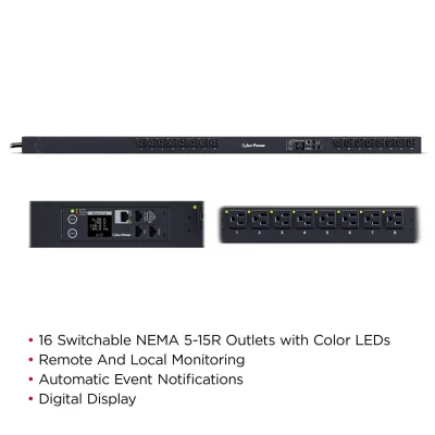 Cyber Power - PDU41116 - 15A (Derated to 12A), 120 V, 50Hz/60Hz, NEMA 5-15P plug, 16 NEMA 5-15R, 0U Rackmount, 10 ft cord, 3 year warranty