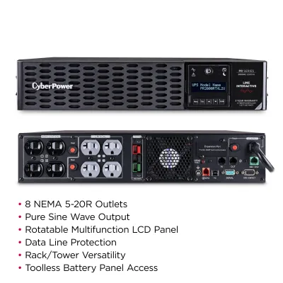 CYBERPOWER - PR2000RTXL2UTAA - 2000VA/2000W, Sine Wave, 2U, NEMA 5-20P, 10 Ft Cord, 8 NEMA 5-20R, USB, Serial, SNMP, Relay, EPO, PowerPanel Business software, Accepts EBM BP48VP2U02TAA, 3 Yr Warranty, TAA compliant