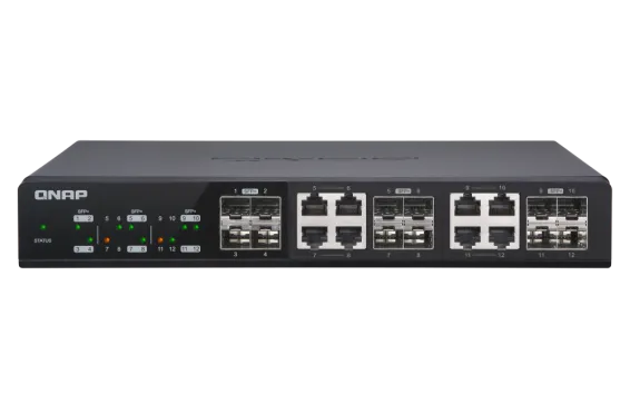 QNAP - QSW-M1208-8C-US - QNAP QSW-M1208-8C, Management Switch, 12 port of 10GbE Port Speed, 4 port SFP+, 8 port  SFP+/ NBASE-T Combo, Support for 5-speed auto Negotiation (10G/5G/2.5G/1G/100M)