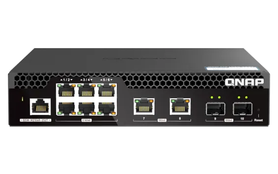 QNAP - QSW-M2106R-2S2T-US - QNAP Rackmount Switch QSW-M2106R-2S2T-US, Management Switch, 6 Port 2.5Gbps, 2 port 10Gbps SFP+, 2 port 10GbE NBASE-T (10G/5G/2.5G/1G/100M) . Easy Management with Web Browser