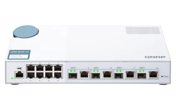QNAP - QSW-M408-4C-US - QNAP QSW-M408-4C 12-port layer 2 managed switch. Eight 1GbE ports and four 10G SFP+/ NBASE-T Combo Ports. Easy Management with Web Browser