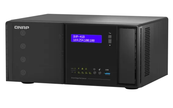 QNAP - QVP-41B-8G-P-US - QNAP 4 Bay NVR, 8CH (Max Channels: 24), VMS built-in, IP Surveillance, HDMI output for local display, 14 1GbE RJ45 PoE ports, 2  1GbE Combo SFP/RJ45 Combo Ports. 2 2.5 GbE RJ45 Port