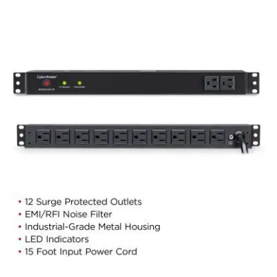 Cyber Power - RKBS15S2F10R - 3600 J, 120 V, NEMA 5-15P plug, 12 NEMA 5-15R (2 front, 10 rear), 15 ft Cord, Limited Lifetime Warranty