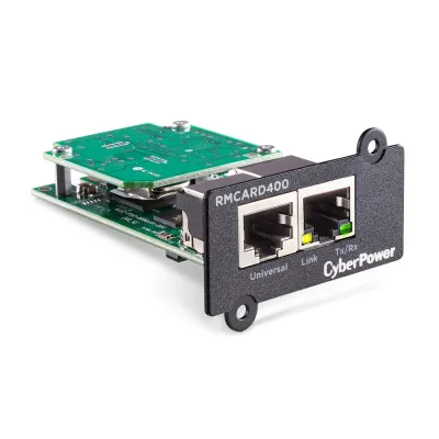 CYBERPOWER - RMCARD400 - Gigabit SNMP Card for remote management and monitoring of a UPS with a web browser (HTTP/HTTPS) or NMS (SNMPv1/v3). Event notifications via email, SMMP traps, Syslog and user upgradeable firmware. Includes port for connecting