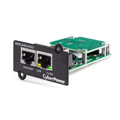 CYBERPOWER - RMCARD400 - Gigabit SNMP Card for remote management and monitoring of a UPS with a web browser (HTTP/HTTPS) or NMS (SNMPv1/v3). Event notifications via email, SMMP traps, Syslog and user upgradeable firmware. Includes port for connecting