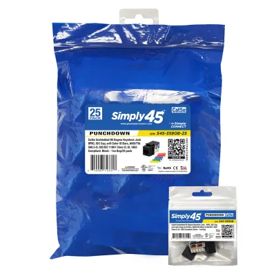 GoSimplyConnect - S45-3590B-25 - Cat5e UTP 90° Black Keystone 110 Style, Dust Cover, IDC Cap, UL Listed - w/6-Color Snap-On ID Bars Included. 1ea/Bag, 25/Pack