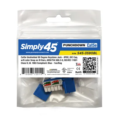Simply 45 - S45-3590BL-25 - Cat5e UTP 90° Blue Keystone 110 Style, Dust Cover, IDC Cap