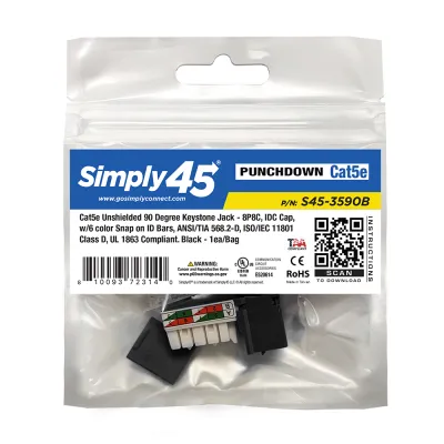 GoSimplyConnect - S45-3590B-25 - Cat5e UTP 90° Black Keystone 110 Style, Dust Cover, IDC Cap, UL Listed - w/6-Color Snap-On ID Bars Included. 1ea/Bag, 25/Pack