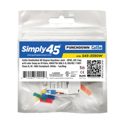Simply 45 - S45-3590W-25 - Cat5e UTP 90° White Keystone 110 Style, Dust Cover, IDC Cap, UL Listed - 25/Pack