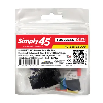 Simply 45 - S45-3600B-25 - Cat6/6A UTP 180° Black Keystone Jack, Toolless, Connector Dust Cover - 25/Pack