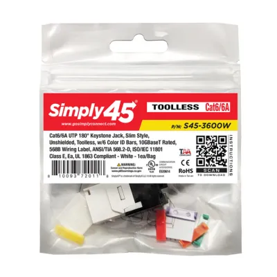 Simply 45 - S45-3600W - Cat6/6A UTP 180° White Keystone Jack