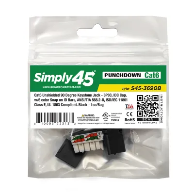 GoSimplyConnect - S45-3690B - Cat6 UTP 90° Black Keystone 110 Style, Dust Cover, IDC Cap, UL Listed, w/6-Color Snap-On ID Bars Included. 1ea/bag