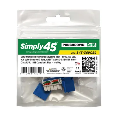 Simply 45 - S45-3690BL - Cat6 UTP 90° Blue Keystone 110 Style, Dust Cover, IDC Cap