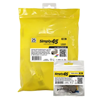 Simply 45 - S45-3750-25 - 10GBaseT STP 180° Shielded Keystone Jack (Toolless) for Cat7a/6a/7, w/6 1ea/Bag, 25/Pack