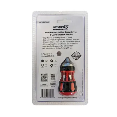 GoSimplyConnect - S45-502 - 7-in-1 multi bit ratcheting screwdriver, 4.5" stubby - 1 ea. Blister Pack