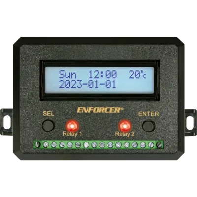 SECO-LARM - SA-027HQ - Programmable Annual Timer with Housing. Terminal blocks protected inside the housing. Push button toggling of the relay outputs. Two N.O. or N.C. Form C relays, 10A@14VDC. 100 Programmable events can be set weekly, daily or hou