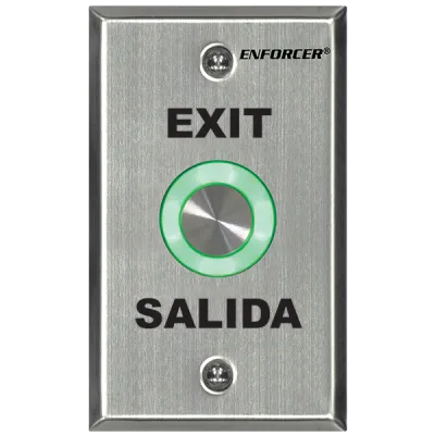 SECO-LARM - SD-6276-SS1Q - Piezoelectric pushbutton. Vandal-resistant, single-gang plate. "EXIT" and "SALIDA" printed on plate. Programmable illumination surrounding the button: red or green.