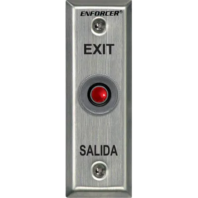 SECO-LARM - SD-7101RAEX1Q - Red pushbutton on stainless-steel, slimline face plate. N.O. (push-to-close) switch, 1A@125VAC. "EXIT" and "SALIDA" printed on plate.