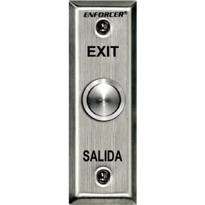 SECO-LARM - SD-7104SGEX1Q - Vandal-resistant, 1" diameter, stainless-steel, momentary pushbutton on stainless-steel slimline plate. SPDT switch, 5A@250VAC. "EXIT" and "SALIDA" printed on plate. ETL Listed. Conforms to UL Std. 294