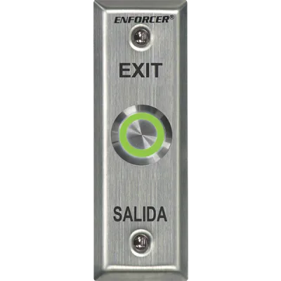 SECO-LARM - SD-7175SGEX1Q - Vandal-resistant, 1" diameter, illuminated, momentary pushbutton on slimline plate. Field-selectable LED color: red, green, blue, magenta, yellow, cyan, or white (12VDC). "EXIT" and "SALIDA" printed on plate.