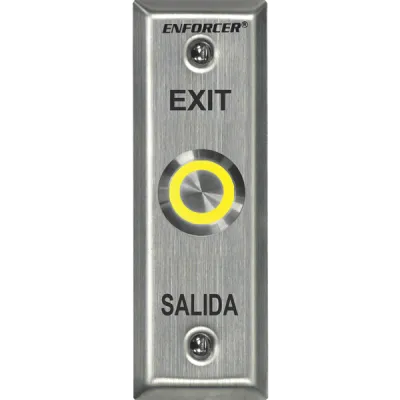 SECO-LARM - SD-7175SGEX1Q - Vandal-resistant, 1" diameter, illuminated, momentary pushbutton on slimline plate. Field-selectable LED color: red, green, blue, magenta, yellow, cyan, or white (12VDC). "EXIT" and "SALIDA" printed on plate.