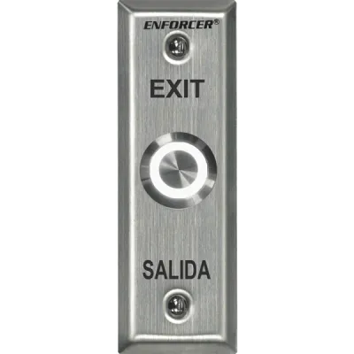 SECO-LARM - SD-7175SGEX1Q - Vandal-resistant, 1" diameter, illuminated, momentary pushbutton on slimline plate. Field-selectable LED color: red, green, blue, magenta, yellow, cyan, or white (12VDC). "EXIT" and "SALIDA" printed on plate.