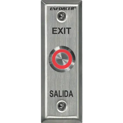 SECO-LARM - SD-7175SGEX1Q - Vandal-resistant, 1" diameter, illuminated, momentary pushbutton on slimline plate. Field-selectable LED color: red, green, blue, magenta, yellow, cyan, or white (12VDC). "EXIT" and "SALIDA" printed on plate.