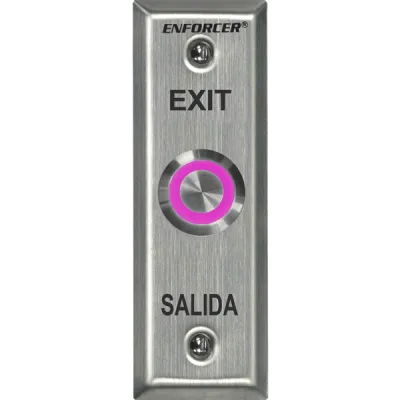 SECO-LARM - SD-7175SGEX1Q - Vandal-resistant, 1" diameter, illuminated, momentary pushbutton on slimline plate. Field-selectable LED color: red, green, blue, magenta, yellow, cyan, or white (12VDC). "EXIT" and "SALIDA" printed on plate.