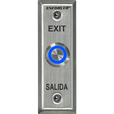 SECO-LARM - SD-7175SGEX1Q - Vandal-resistant, 1" diameter, illuminated, momentary pushbutton on slimline plate. Field-selectable LED color: red, green, blue, magenta, yellow, cyan, or white (12VDC). "EXIT" and "SALIDA" printed on plate.