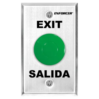 SECO-LARM - SD-7201GAPT1Q - 1½" Green mushroom-cap button. NO/NC contact, rated 5A@125VAC. Stainless-steel, single-gang plate. Built-in delay timer (1~180 sec), NO/NC contact, rated 3A@24VDC. Includes built-in buzzer. "EXIT" and "SALIDA" printed on p