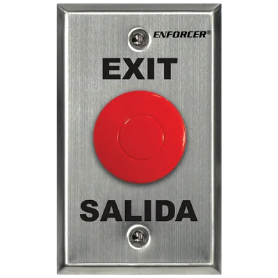 SECO-LARM - SD-7201RCPE1Q - 1½" Red Mushroom-cap Button. NO/NC Contact, Rated 5A@125VAC. Stainless-steel, Single-gang Plate. "EXIT" and "SALIDA" Printed on Plate
