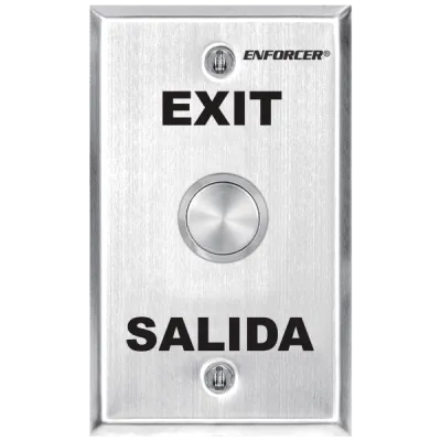 SECO-LARM - SD-7204SGEX1Q - Vandal-resistant, 1" diameter, stainless-steel momentary pushbutton on stainless-steel single-gang plate. SPDT switch, 5A@250VAC. "EXIT" and "SALIDA" printed on plate. ETL Listed. Conforms to UL Std. 294