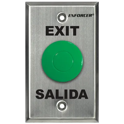 SECO-LARM - SD-7213-GSP - R-T-E Plate with Pneumatic Timer (2~60 seconds). 1½" Green mushroom-cap button. NO/NC contact, rated 5A@125VAC. Stainless-steel, single-gang plate. "EXIT" and "SALIDA" printed on plate. No power required. ETL Listed. Conform