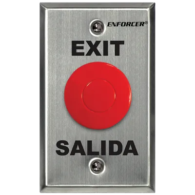 SECO-LARM - SD-7213-RSP - R-T-E Plate with Pneumatic Timer (2~60 seconds). 1½" Red mushroom-cap button. NO/NC contact, rated 5A@125VAC. Stainless-steel, single-gang plate. "EXIT" and "SALIDA" printed on plate. No power required.