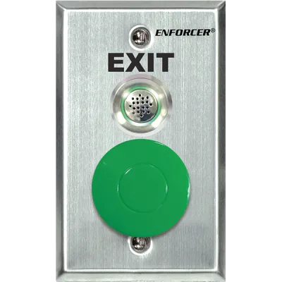 SECO-LARM - SD-7217-GSBQ - R-T-E Plate with 1½" Green mushroom-cap button, 12/24 VDC operation with dual-color LED (red/gree) and adjustable buzzer (85~95dB). NO/NC contact, rated 10A@125VAC.