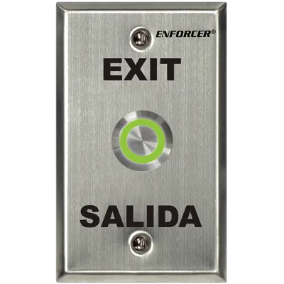 SECO-LARM - SD-7275SGEX1Q - Vandal-resistant, 1" diameter, illuminated momentary pushbutton on single-gang plate. Field-selectable LED color: red, green, blue, magenta, yellow, cyan, or white (12 VDC). "EXIT" and "SALIDA" printed on plate. ETL Listed