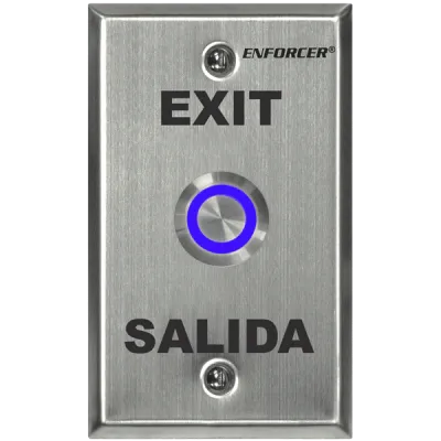 SECO-LARM - SD-7275SGEX1Q - Vandal-resistant, 1" diameter, illuminated momentary pushbutton on single-gang plate. Field-selectable LED color: red, green, blue, magenta, yellow, cyan, or white (12 VDC). "EXIT" and "SALIDA" printed on plate. ETL Listed