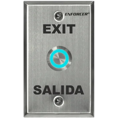 SECO-LARM - SD-7275SGEX1Q - Vandal-resistant, 1" diameter, illuminated momentary pushbutton on single-gang plate. Field-selectable LED color: red, green, blue, magenta, yellow, cyan, or white (12 VDC). "EXIT" and "SALIDA" printed on plate. ETL Listed