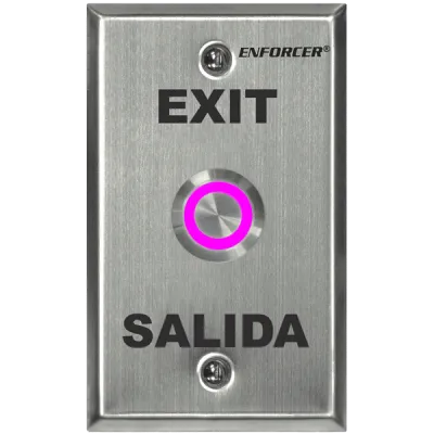 SECO-LARM - SD-7275SGEX1Q - Vandal-resistant, 1" diameter, illuminated momentary pushbutton on single-gang plate. Field-selectable LED color: red, green, blue, magenta, yellow, cyan, or white (12 VDC). "EXIT" and "SALIDA" printed on plate. ETL Listed