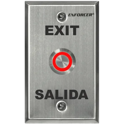 SECO-LARM - SD-7275SGEX1Q - Vandal-resistant, 1" diameter, illuminated momentary pushbutton on single-gang plate. Field-selectable LED color: red, green, blue, magenta, yellow, cyan, or white (12 VDC). "EXIT" and "SALIDA" printed on plate. ETL Listed