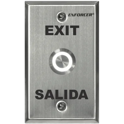 SECO-LARM - SD-7275SGEX1Q - Vandal-resistant, 1" diameter, illuminated momentary pushbutton on single-gang plate. Field-selectable LED color: red, green, blue, magenta, yellow, cyan, or white (12 VDC). "EXIT" and "SALIDA" printed on plate. ETL Listed