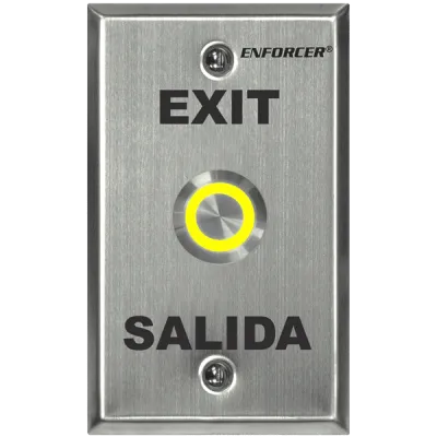 SECO-LARM - SD-7275SGEX1Q - Vandal-resistant, 1" diameter, illuminated momentary pushbutton on single-gang plate. Field-selectable LED color: red, green, blue, magenta, yellow, cyan, or white (12 VDC). "EXIT" and "SALIDA" printed on plate. ETL Listed
