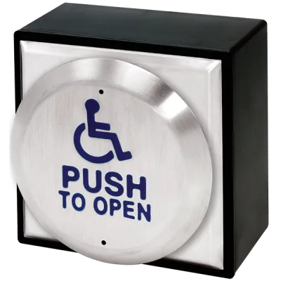 SECO-LARM - SD-7983-SSHQ - Large 4.5” Round Push Plate with Stainless steel button with the International Symbol of Access and “PUSH TO OPEN”. Includes surface-mount plastic back box for easy RF (wireless upgrade).