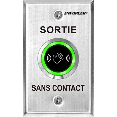 SECO-LARM - SD-9263-KS2Q - Outdoor single-gang No-Touch Sensor with French message. Adjustable sensing range and relay trigger duration. "SORTIE SANS CONTACT" printed on plate.