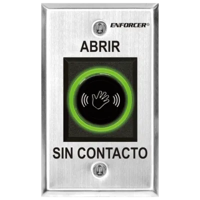 SECO-LARM - SD-927PKC-NSQ - IR No-Touch Request-To-Exit Sensor with Spanish message. Green illuminated ring turns red and 3A relay is triggered when hand is passed in front of the plate. "SALIDA SIN TOCAR" printed on plate. ETL Listed. Conforms to UL